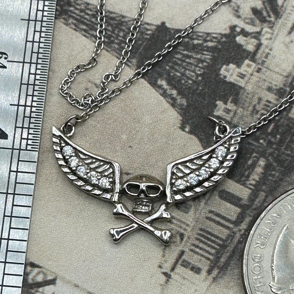 Sterling Silver Skull Necklace With CZ Stones - Picture 8 of 8